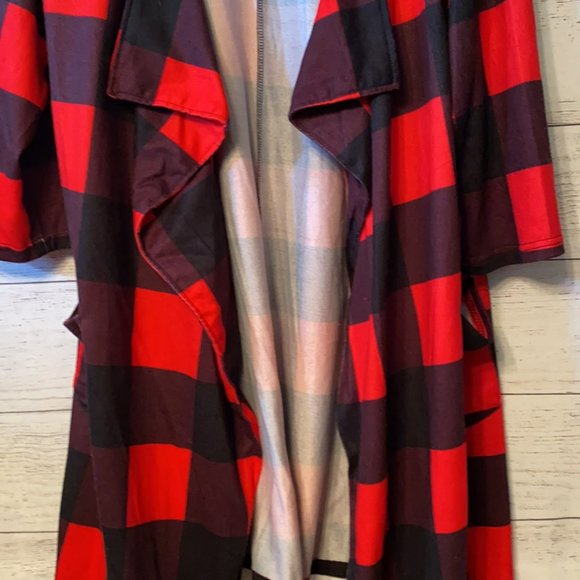 *Reborn Collection Red Black Buffalo Plaid Plus Size Open Front Cardigan Top - Picture 6 of 9